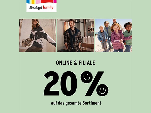 20% Rabatt auf das gesamte Sortiment bei Ernsting’s family!
